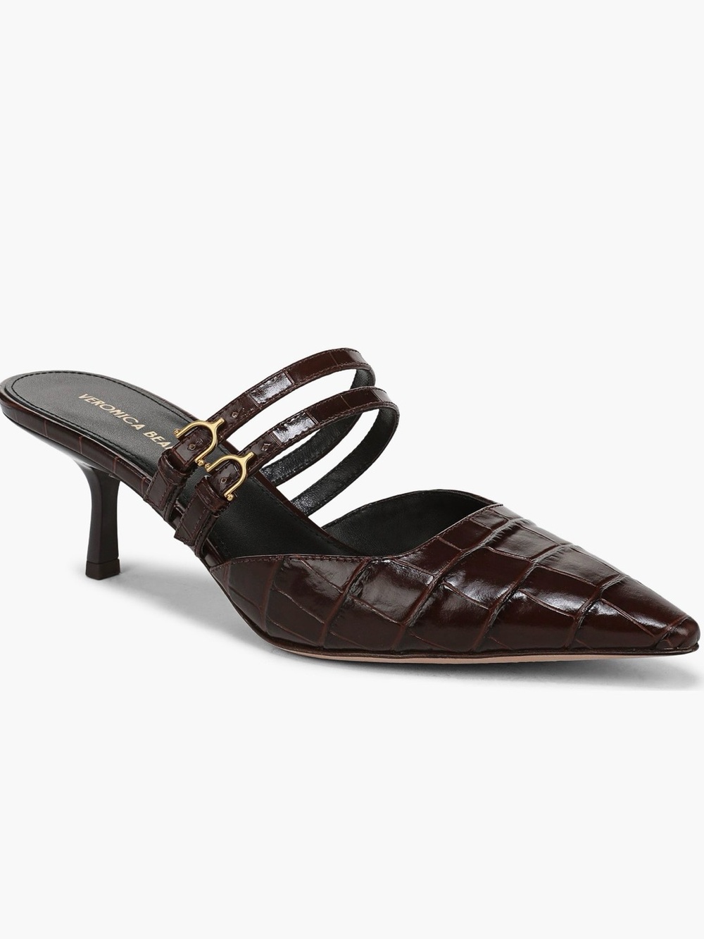 Veronica Beard Dark Brown Croc-Embossed Pointed Kitten Mule